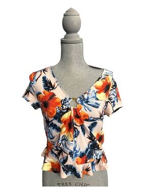 Floral Tie-Front Short Sleeve Top - Peach & Orange